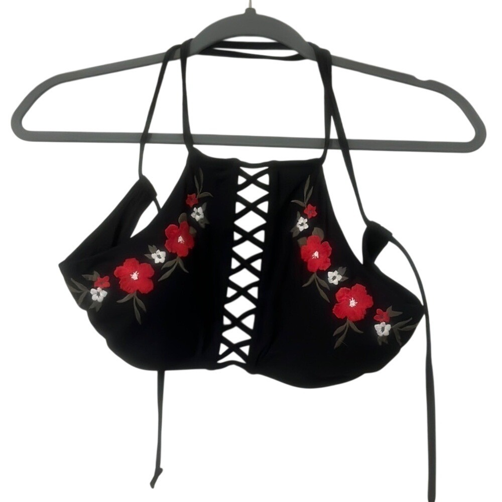 Hollister Swim Black Floral Embroidered Lace Up High Neck Bikini Top Small